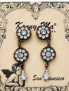 Vintage Kenny Ma Clip-On Earrings Rhinestone Dangle  1.75"  Antique Gold Tone